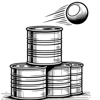 A stack of cans with a ball in the middle.