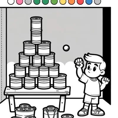 A boy is playing with a stack of cans.