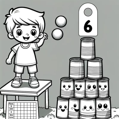 A boy is standing next to a stack of cans.