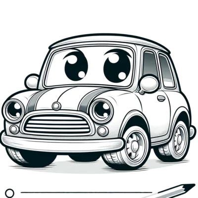 Un coche de dibujos animados con ojos y un lápiz sobre un fondo blanco.