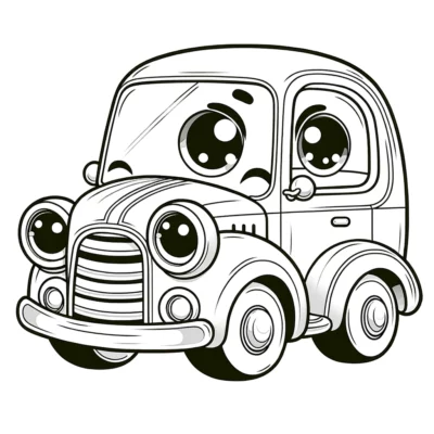Un coche de dibujos animados con ojos grandes sobre un fondo blanco.