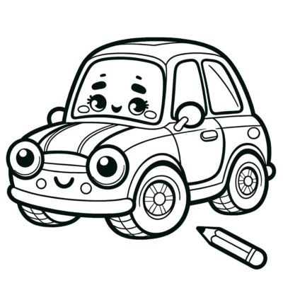 A cartoon car coloring page with a pencil.