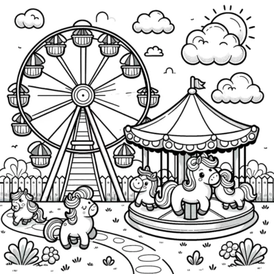 A coloring page with a carousel and ferris wheel.