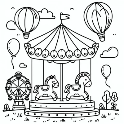A carousel coloring page with horses and balloons.