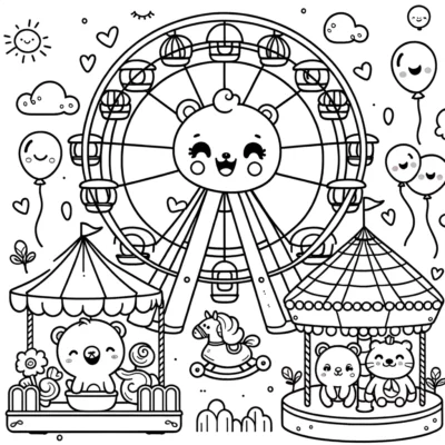 A coloring page with a ferris wheel, balloons and teddy bears.