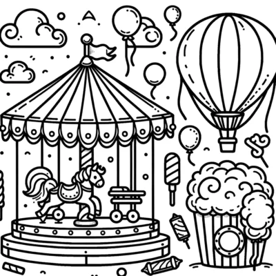 A coloring page with a carousel and balloons.