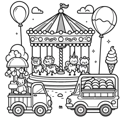 Un dibujo para colorear con un carrusel y un camión de helados.