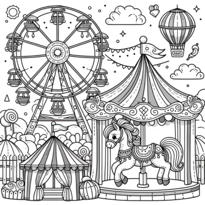 A coloring page with a ferris wheel and a horse.