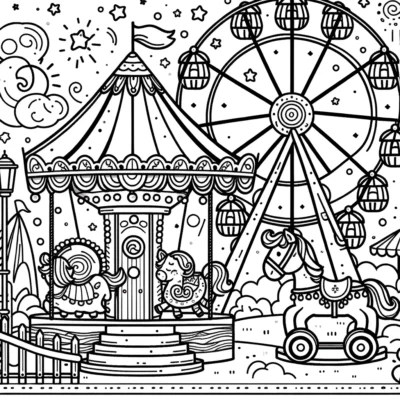 A coloring page with a ferris wheel and a carousel.