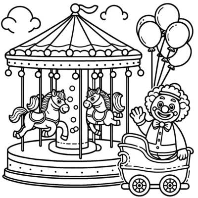 A carousel coloring page with a clown and balloons.