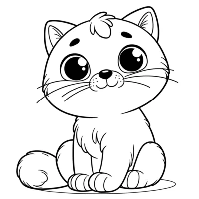 A cute cat coloring page with big eyes.