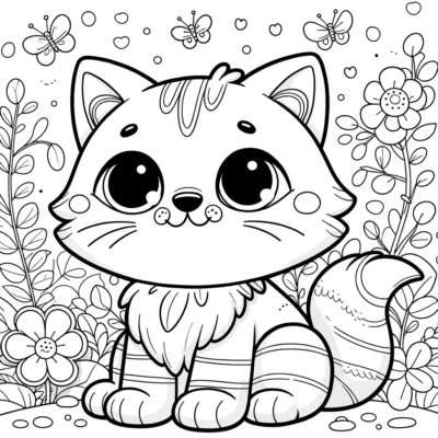 A cute cat coloring page with flowers and butterflies.