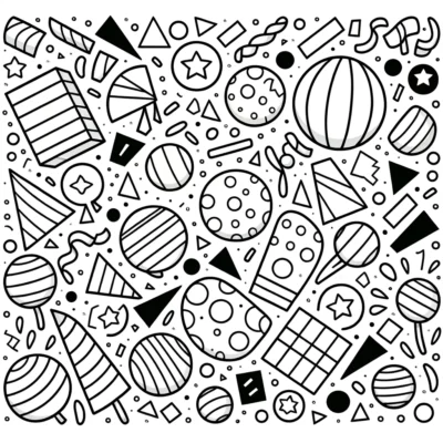 A black and white illustration featuring an assortment of outlined party items such as balloons, confetti, streamers, and party hats scattered in a random pattern.