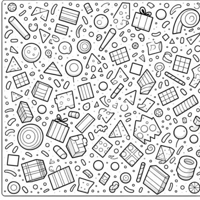 Un patrón de varias formas y objetos geométricos dibujados con líneas en blanco y negro, incluidos círculos, triángulos, cuadrados, regalos y notas musicales, esparcidos aleatoriamente sobre un fondo blanco.