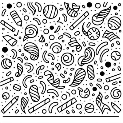 Schwarz-weiße Illustration verschiedener gekritzelter Muster aus Süßigkeiten und Leckereien mit abstrakten Formen und Punkten.