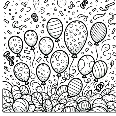 Dibujo lineal en blanco y negro de globos, confeti y serpentinas que sugieren un tema de celebración.