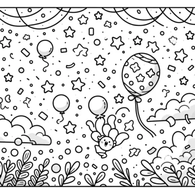 A black and white illustration featuring a cheerful pattern with stars, balloons, clouds, and decorative elements.