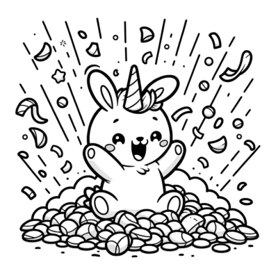 Un alegre unicornio de dibujos animados sentado sobre un montón de monedas con estrellas y confeti a su alrededor.