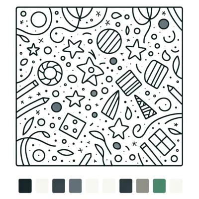 A black and white doodle art of various party and celebration icons, including balloons, stars, gifts, and streamers.