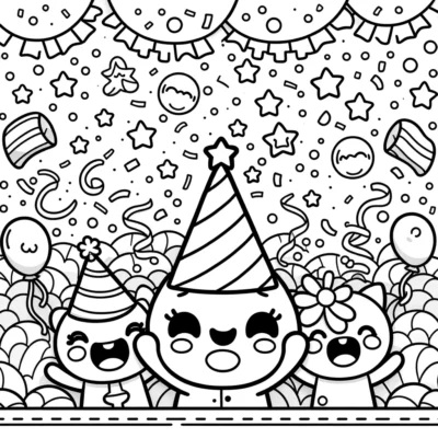 A black and white illustration of three cute characters wearing party hats surrounded by various celebration icons like balloons, confetti, and streamers.