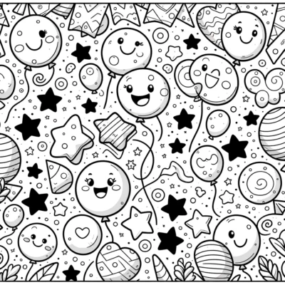 Black and white illustration of various smiling balloons, stars, and hearts in a doodle style pattern.