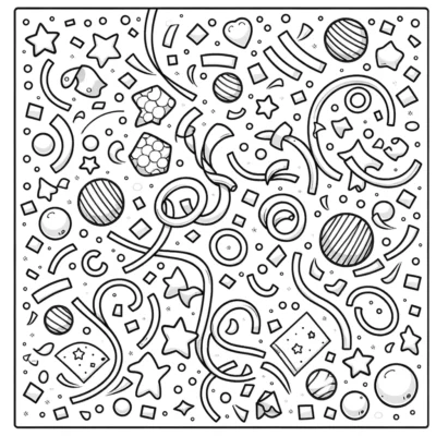 Eine Schwarz-Weiß-Illustration mit einer Reihe himmlischer und geometrischer Formen, darunter Sterne, Planeten, Herzen und Wirbel, die in einem kritzelartigen Muster angeordnet sind.