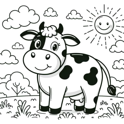 Dibujo para colorear de una vaca en el campo.
