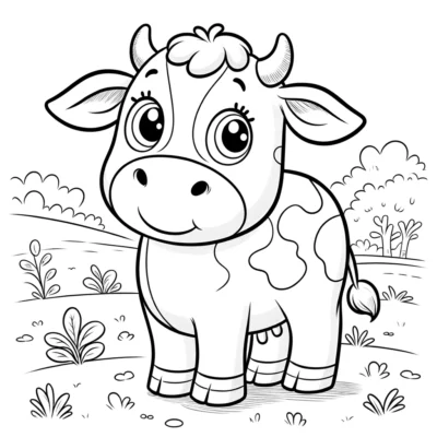 Dibujo para colorear de una linda vaca en el campo.