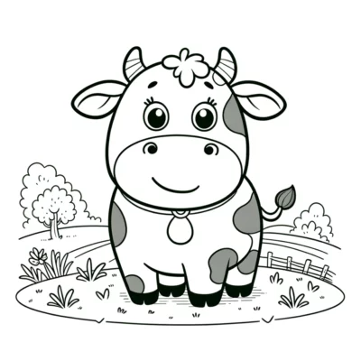 Ausmalbild: Eine süße Kuh auf dem Feld.