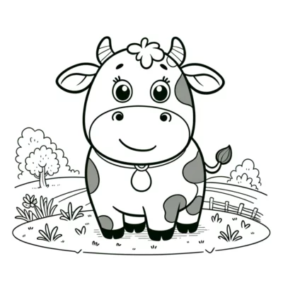 Dibujo para colorear de una linda vaca en el campo.