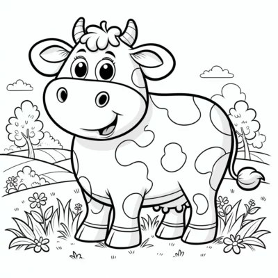 A cow in the field coloring page.