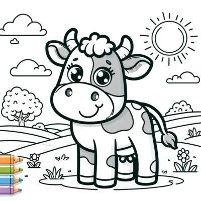 A cute cow coloring page for kids.