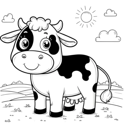 Ausmalbild: Eine süße Kuh steht auf einem Feld.