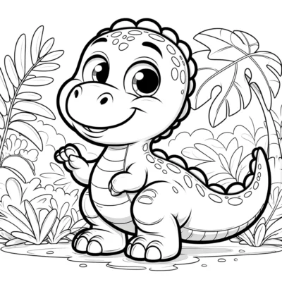 Un lindo bebé dinosaurio en la jungla para colorear.