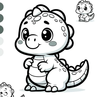 A coloring page with a cute baby dinosaur.