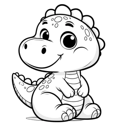 A cute cartoon dinosaur coloring page.