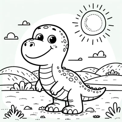 A cartoon dinosaur coloring page.