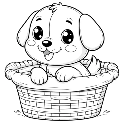 Cartoon puppy sitting in a woven basket.