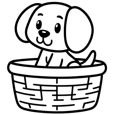 A line drawing of a puppy sitting inside a basket.