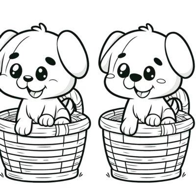 Two cartoon puppies sitting in baskets.