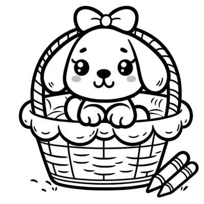 A cute cartoon puppy with a bow sitting in a basket, with crayons nearby.