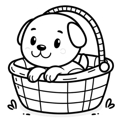 A cartoon puppy sitting inside a basket, smiling.