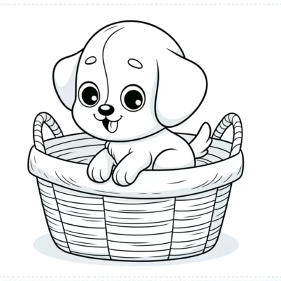 A cartoon illustration of an adorable puppy sitting in a basket.