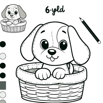 A black and white coloring page featuring a cartoon puppy sitting in a basket, with a color guide and pencil shown, labeled for a 6-year-old.