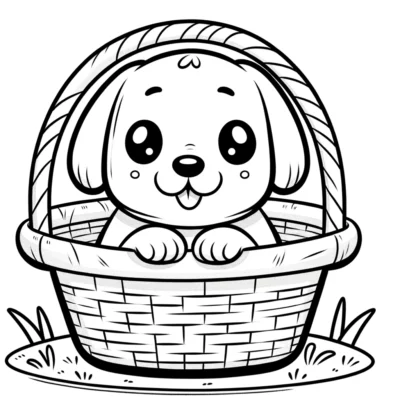 Eine Karikatur eines glücklichen Welpen, der in einem geflochtenen Korb sitzt.