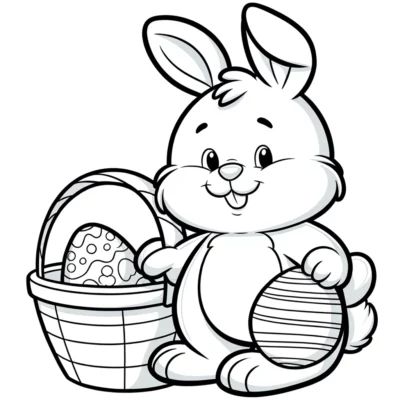 Dibujos para colorear de conejito de Pascua con cesta.