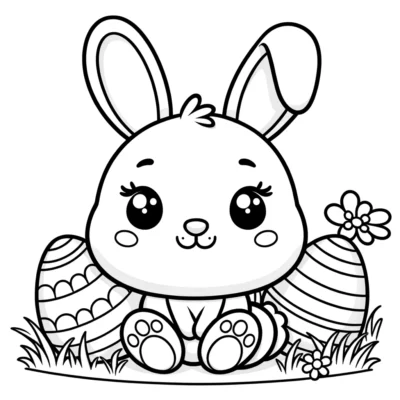 Una linda página para colorear de conejito con huevos de Pascua.