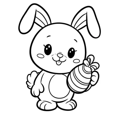 Un conejito de dibujos animados sosteniendo un huevo de Pascua para colorear.
