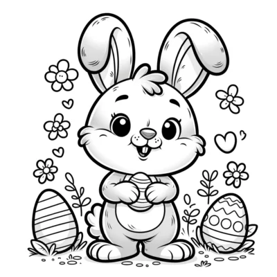 Un conejito de dibujos animados con huevos de Pascua para colorear.