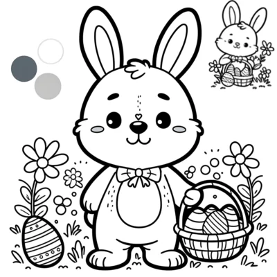 Una página para colorear de un conejito de Pascua con una canasta de huevos de Pascua.